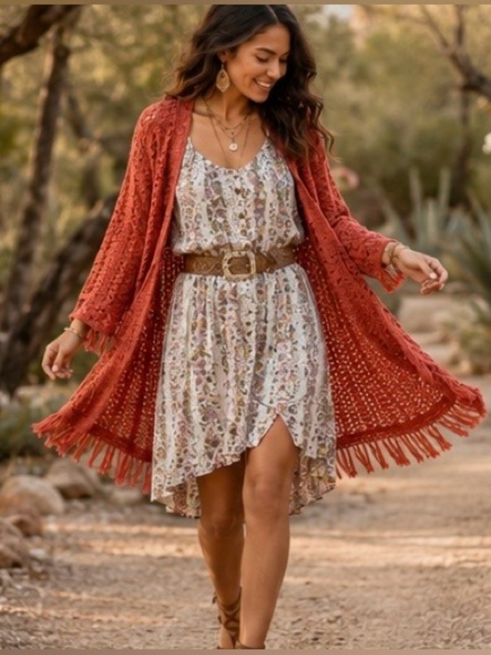 Coral Lace Fringe Cardigan by Self Esteem Boho Knit Long Sleeve Duster Festival